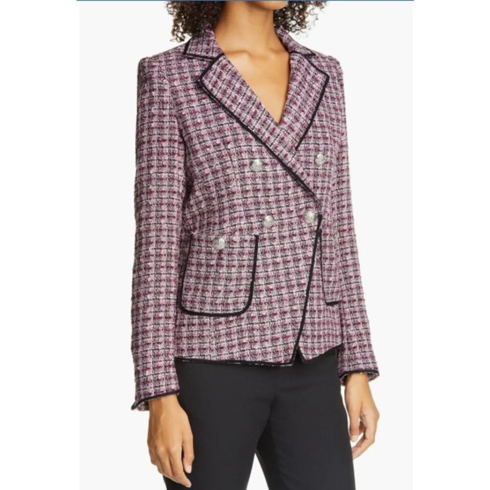 VERONICA BEARD Theron Tweed Jacket Double Breasted Blazer Size 8 Pink Plum Black